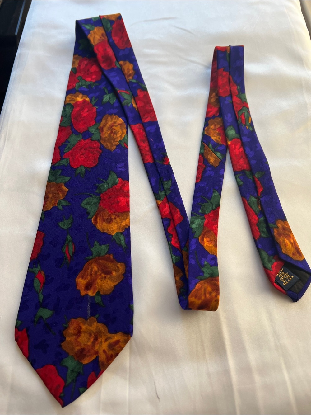 Purple Floral Tie with Red & Gold Rose Pattern Pure Silk Handmade in Carmel USA